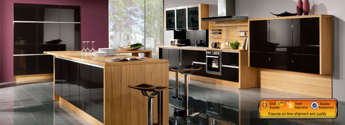 E0 high glossy black & wood grain kitchen cabinet